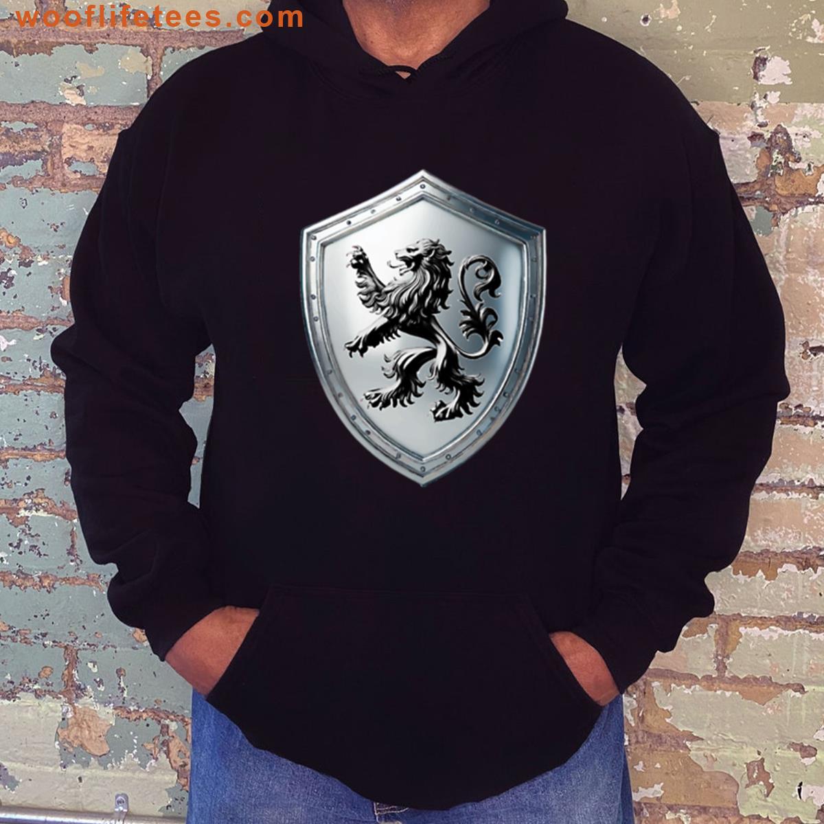 Hughes Heraldic Shield Rampant Black Lion On Polished Silver T-shirt