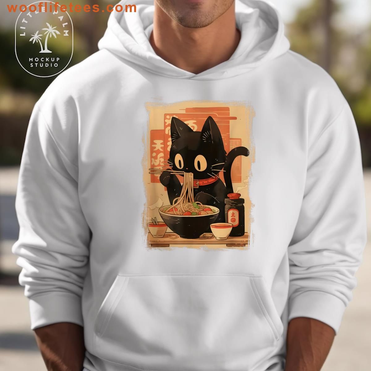 Black Cat Eating Ramen Japanese Kawaii Adorable Cat Artwork T-shirt