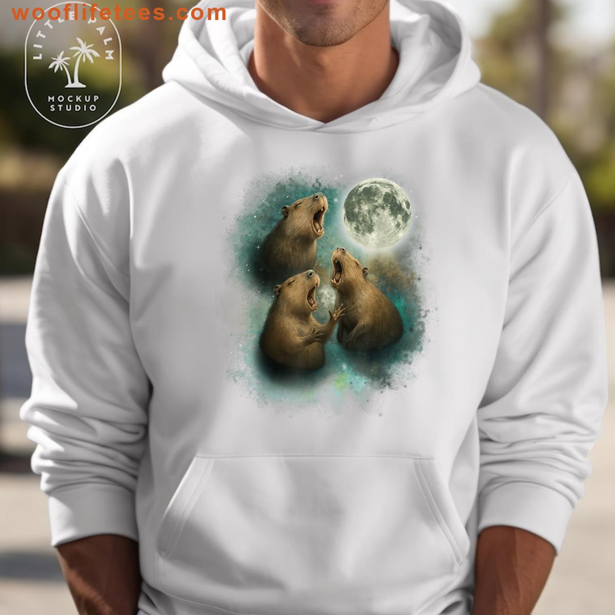 Funny Three Capybaras Howling At The Moon Chill Cosmic Meme T-shirt